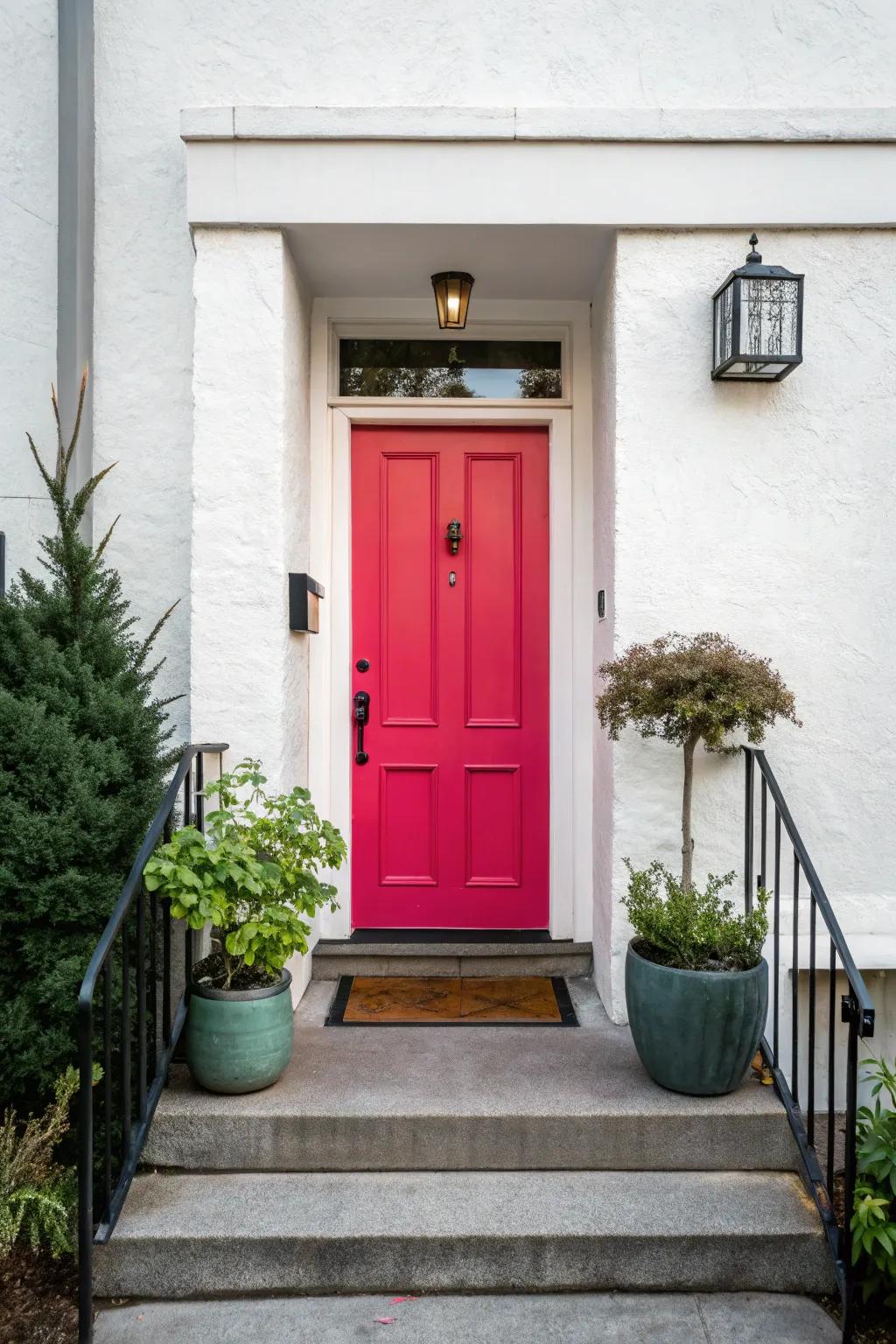 A vibrant front door enhances the charm of a small entrance.
