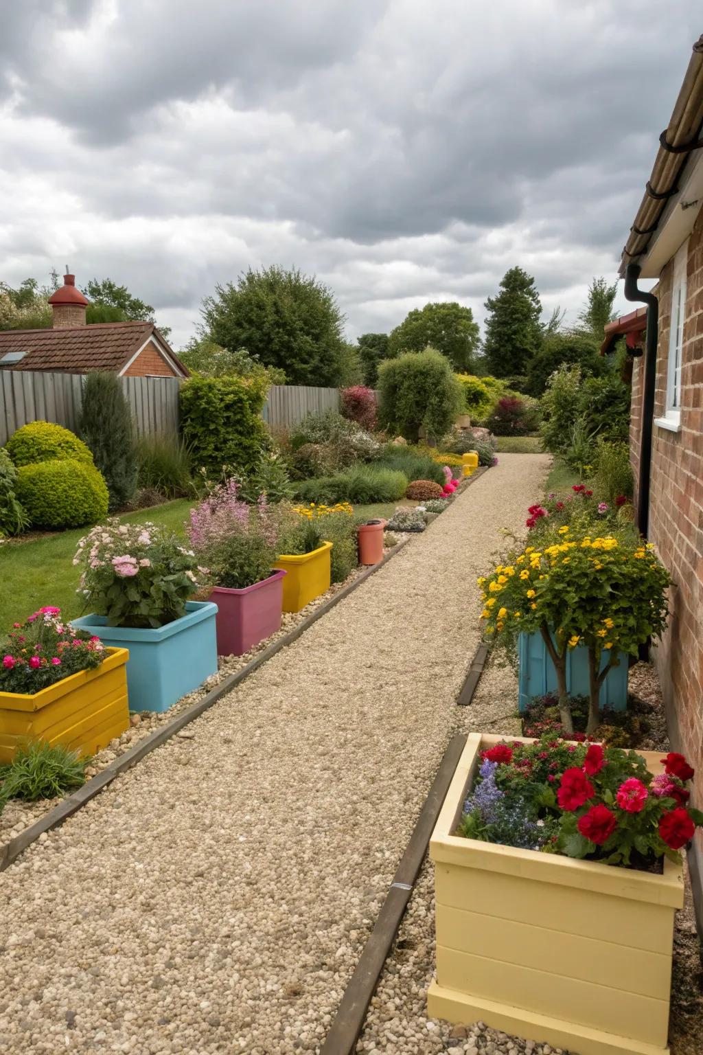 A chic compact front yard featuring gravel walkways complemented by vibrant plant containers.