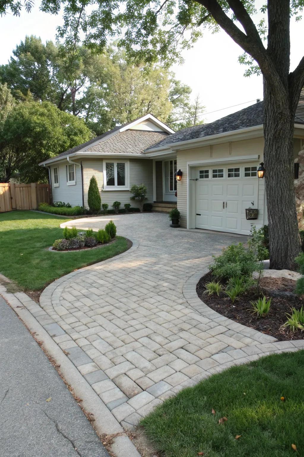 A paved driveway adds elegance and functionality to a small front yard.