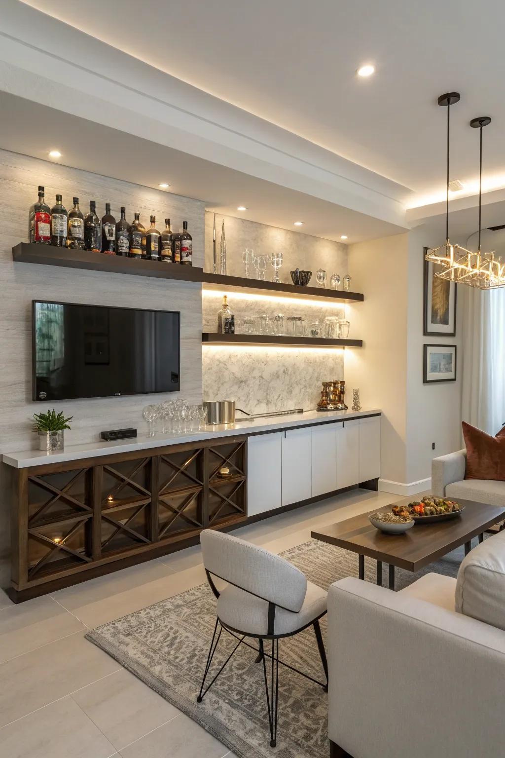 A corner bar fixture gives unused spaces elegance and utility.