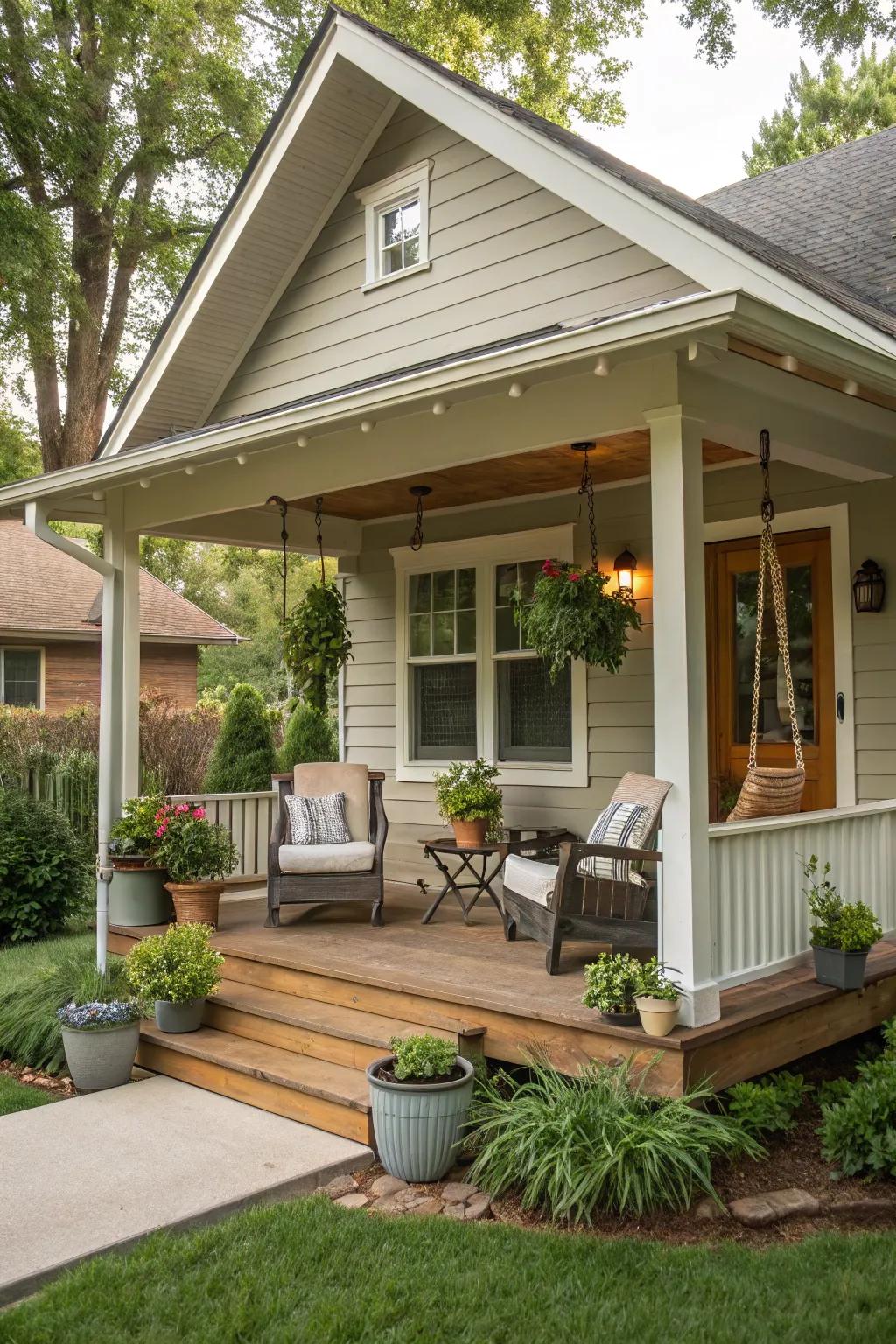 A modest front porch can extend a cordial welcome and serve as an idyllic spot for unwinding.