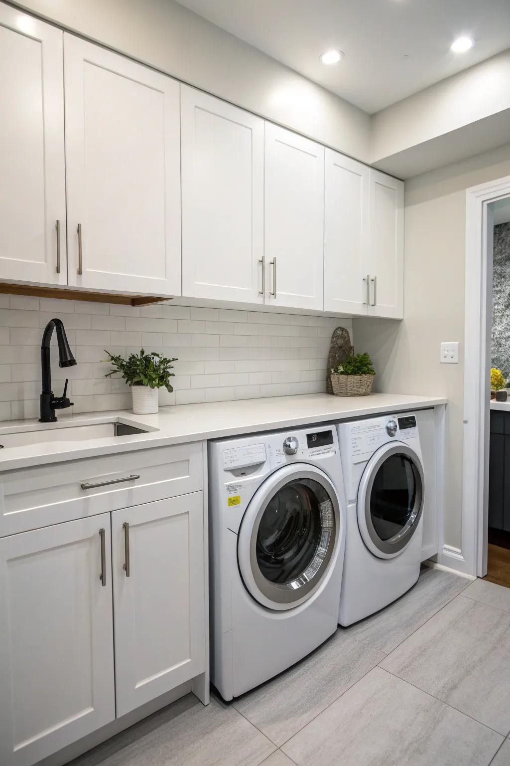 A small kitchen featuring under-counter washer and dryer for a seamless look.