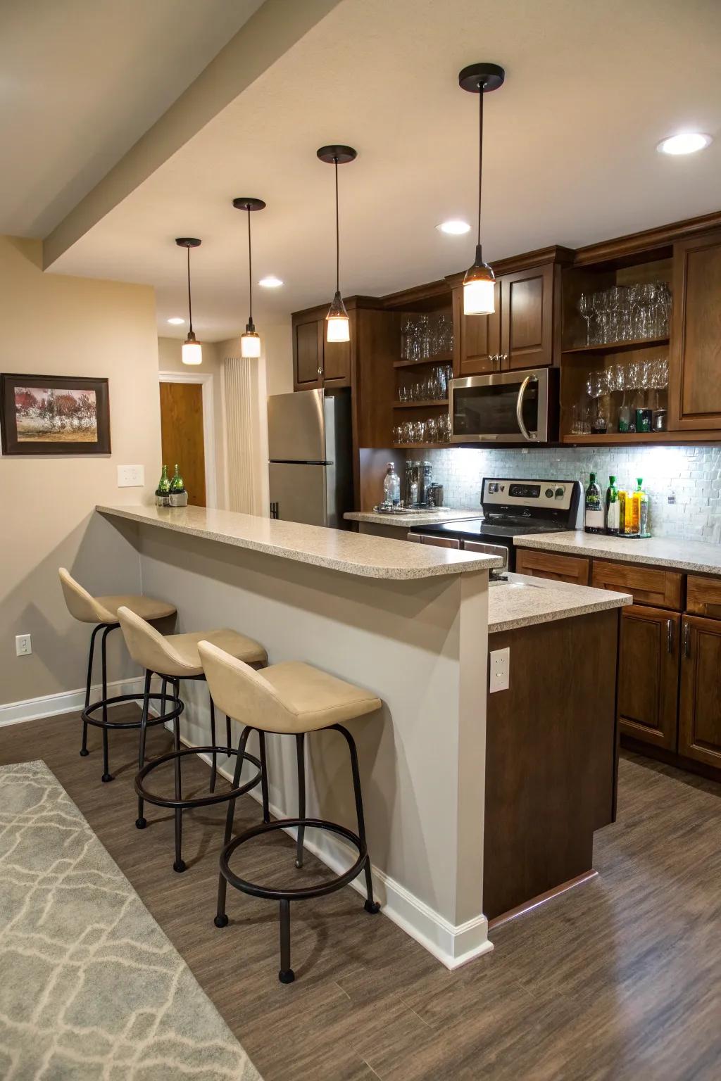A compact kitchen bar seamlessly integrated with the existing counters.