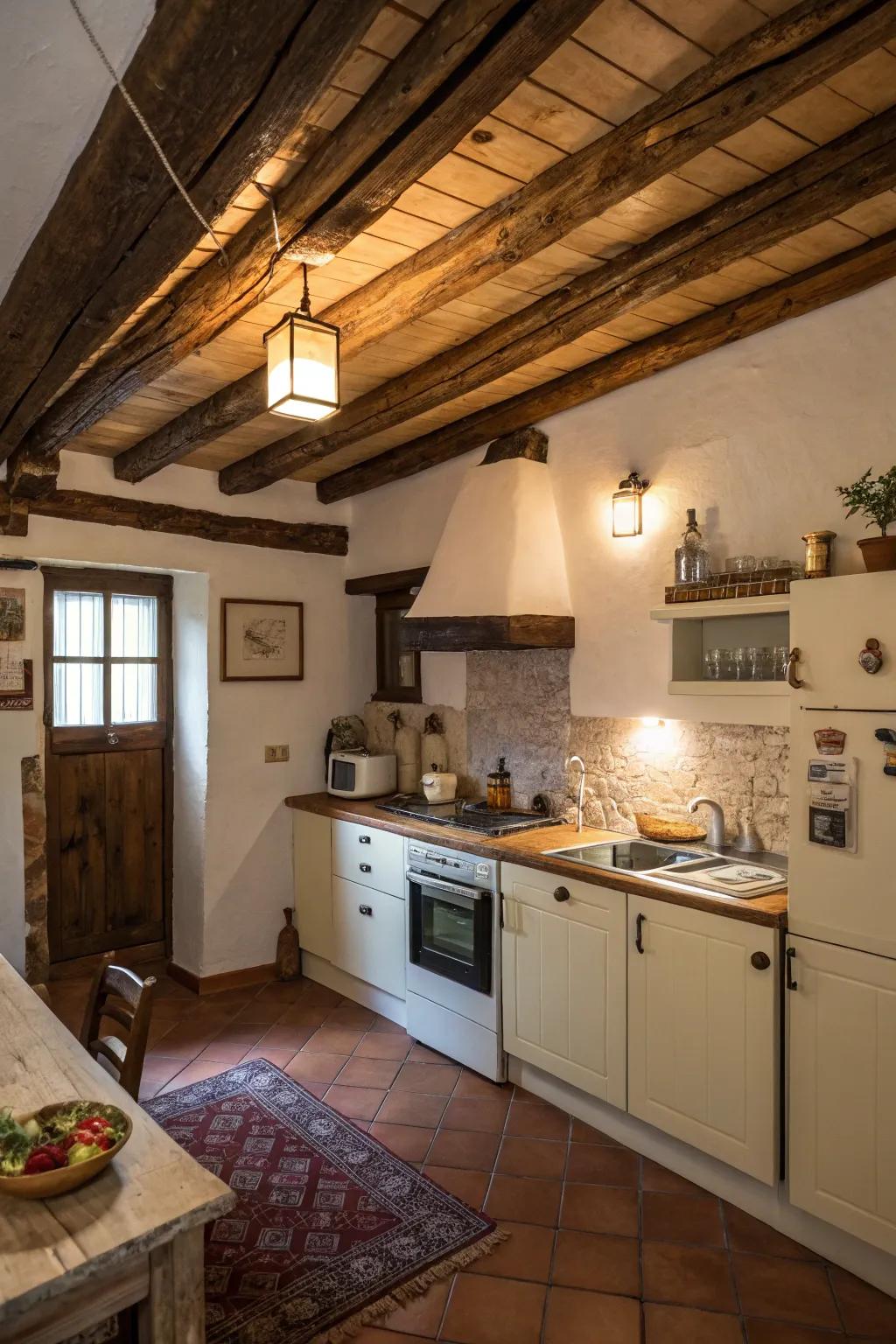 Exposed beams add rustic warmth and a touch of elegance to small kitchens.