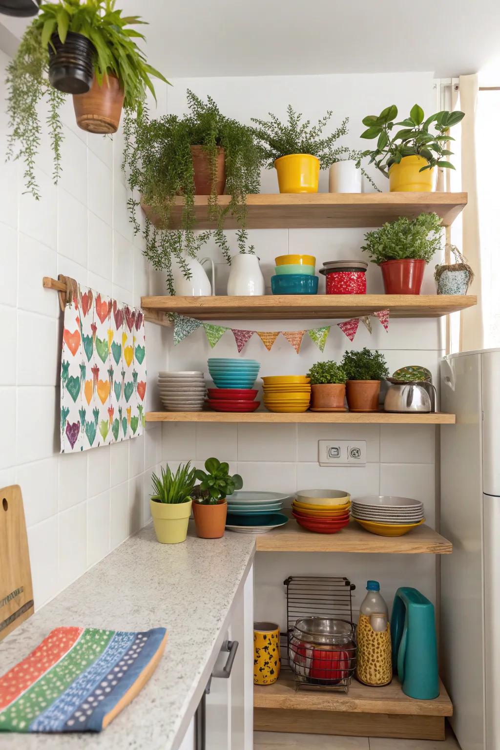 Floating ledges foster an expansive atmosphere and offer functional storage inside a small cooking area.