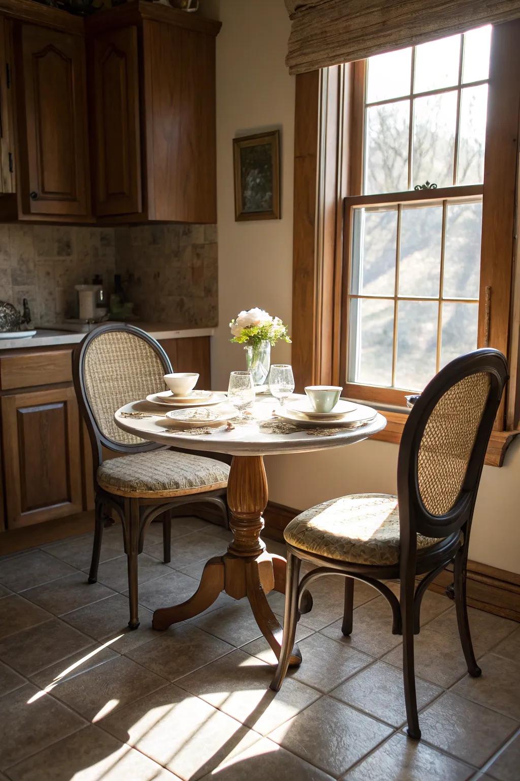An elegant café table, excellent for compact cooking spaces.