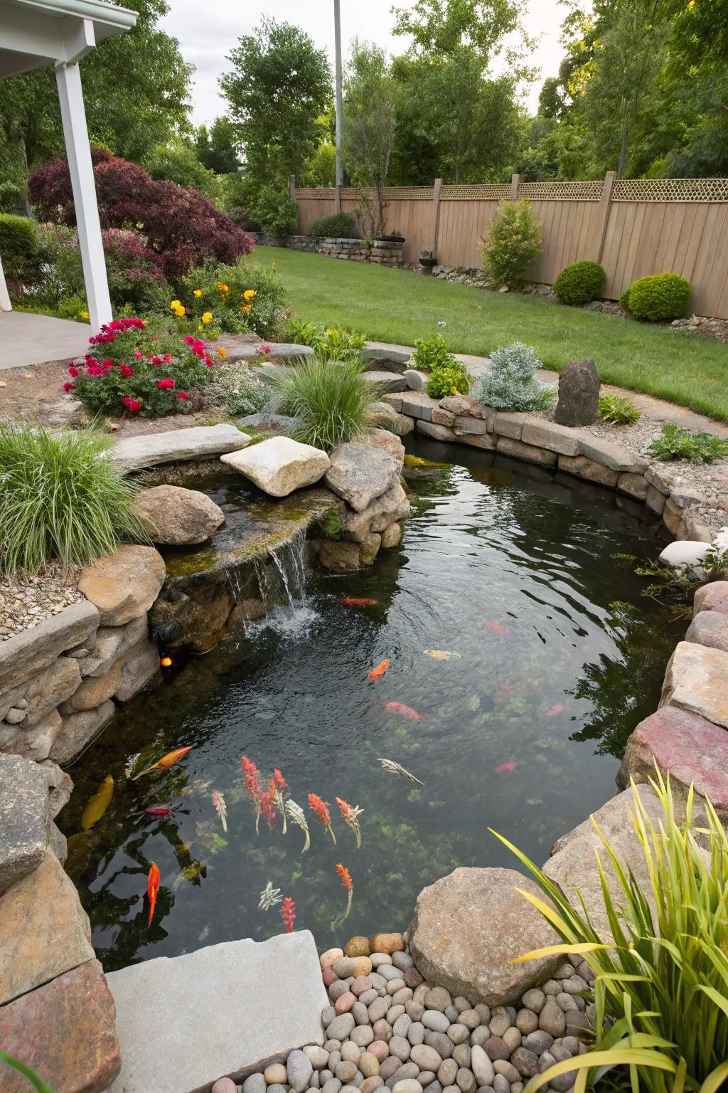 A comfortable corner koi pond with a natural stone border.