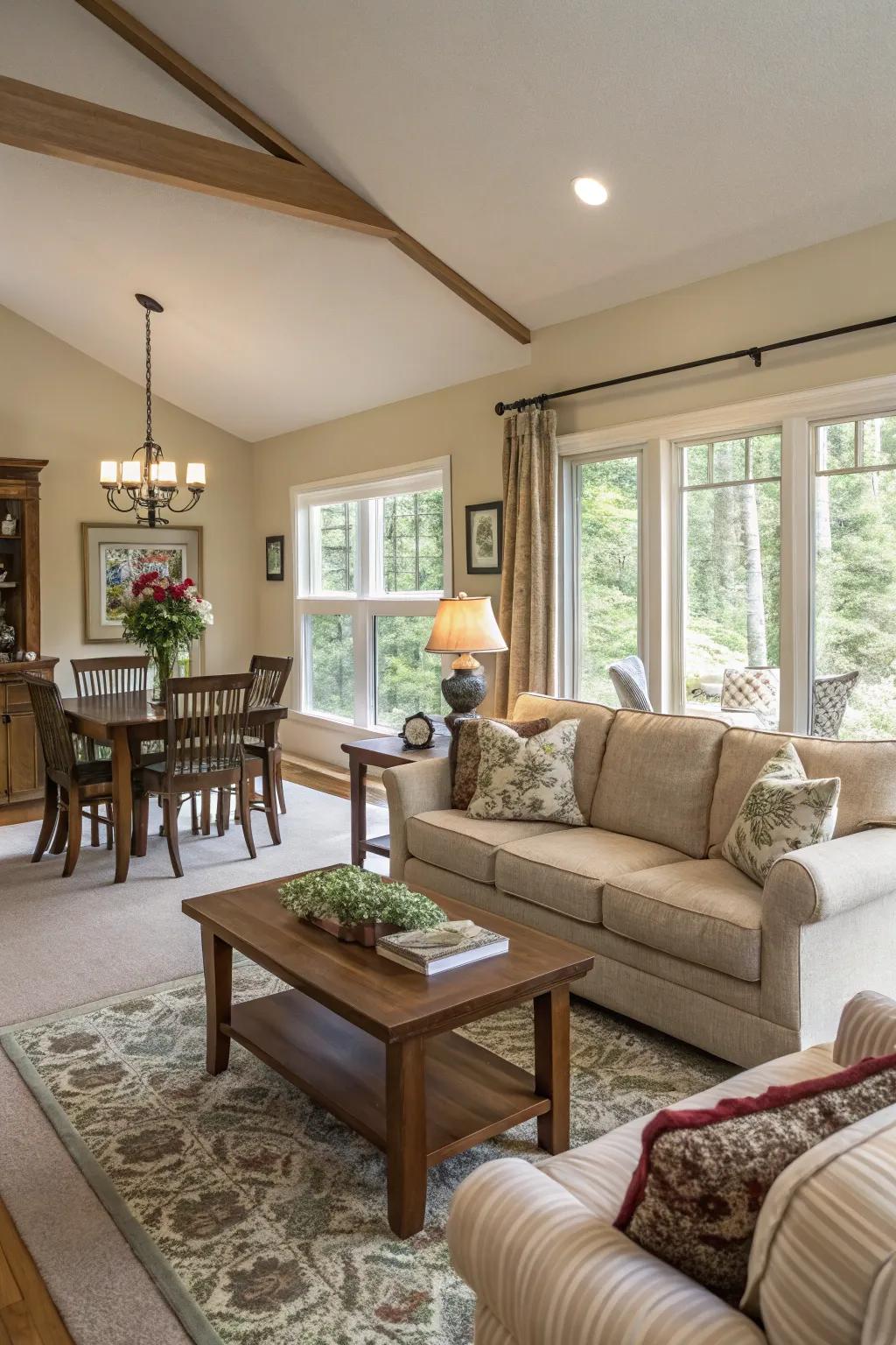 Open design concept promoting a seamless transition from living to dining spaces.