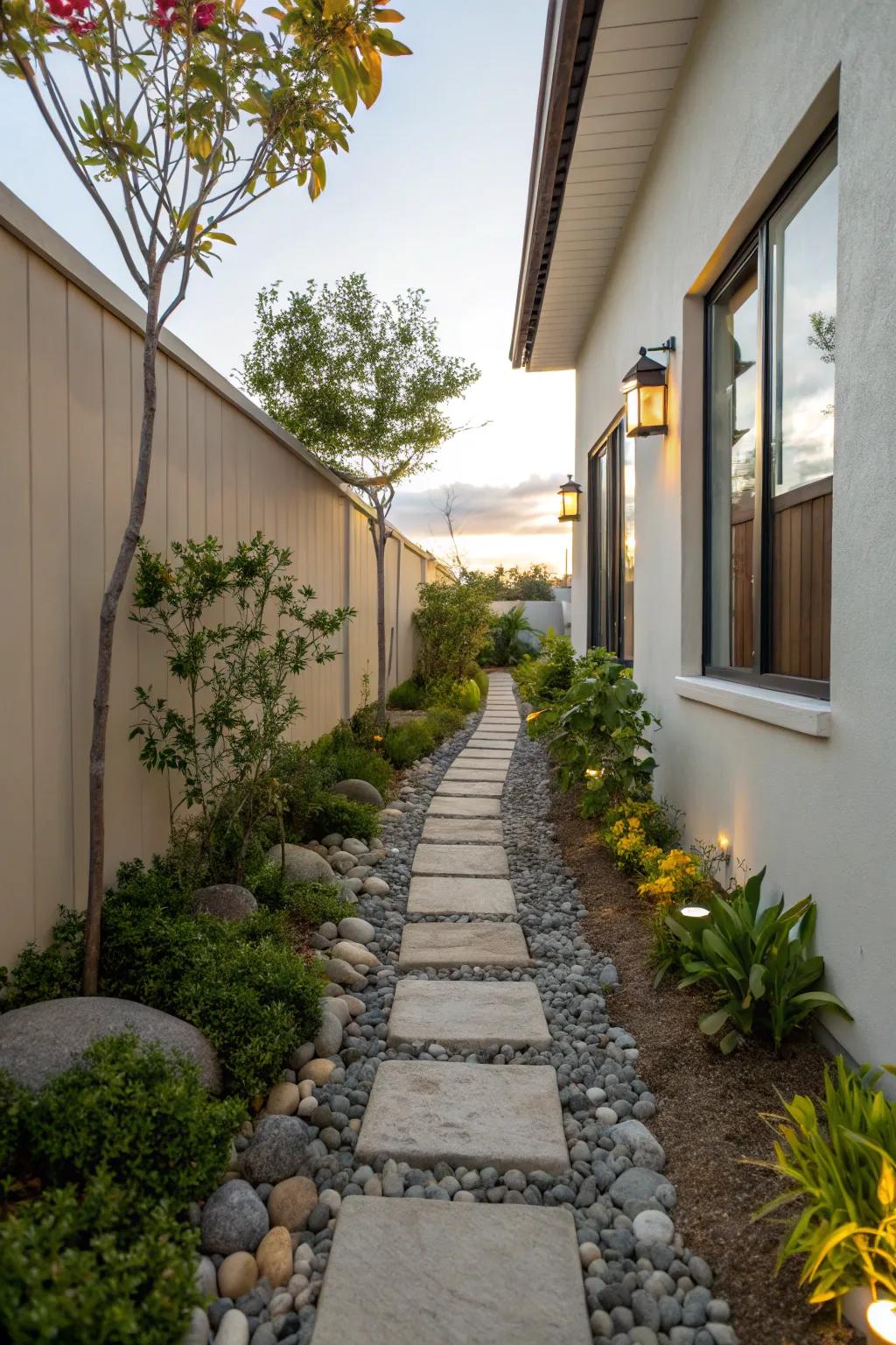 A stone pathway introduces charm and practical use to a narrow side yard.