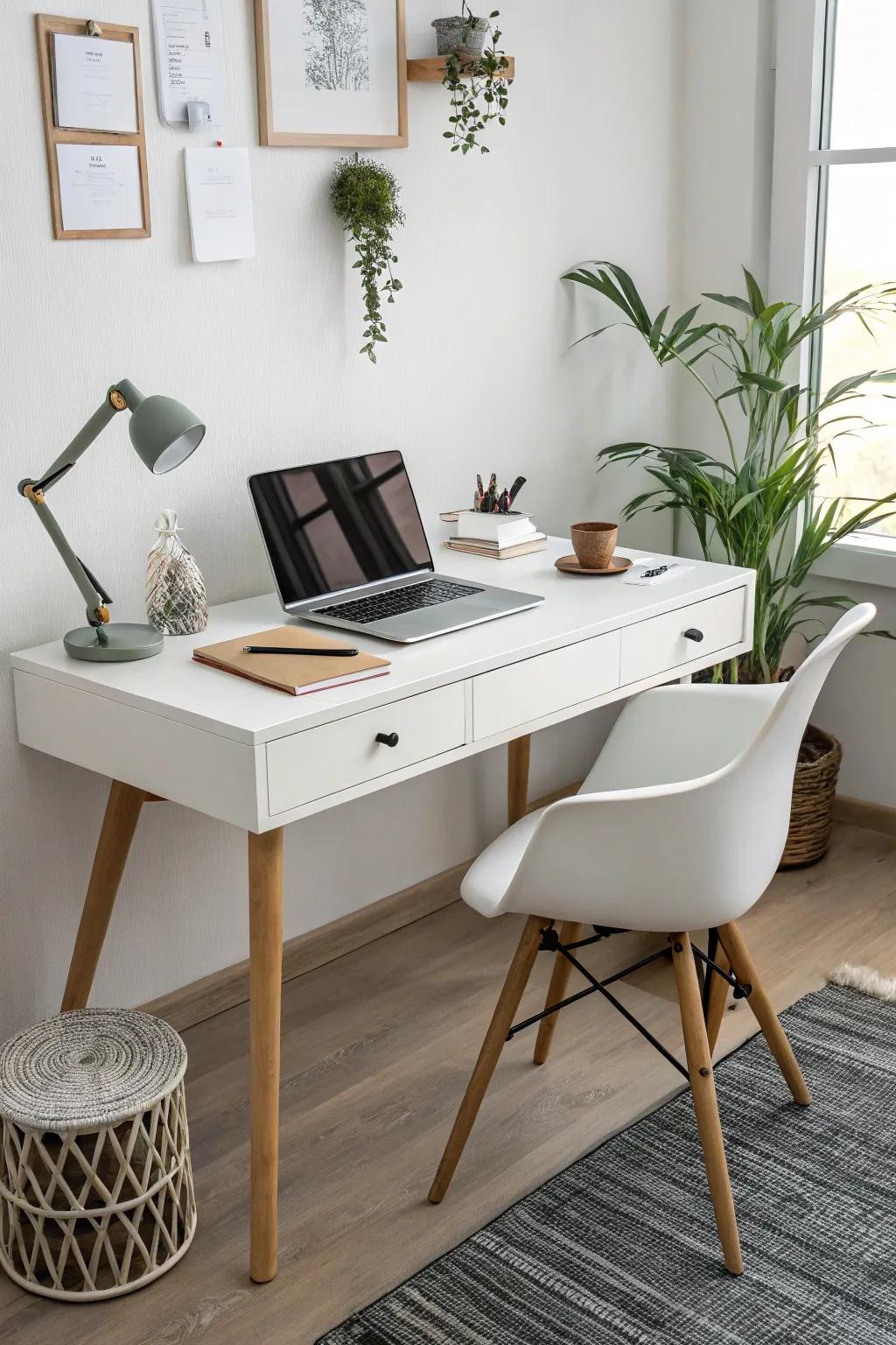 A minimalist desk forms the base of the space, providing both simplicity and elegance.