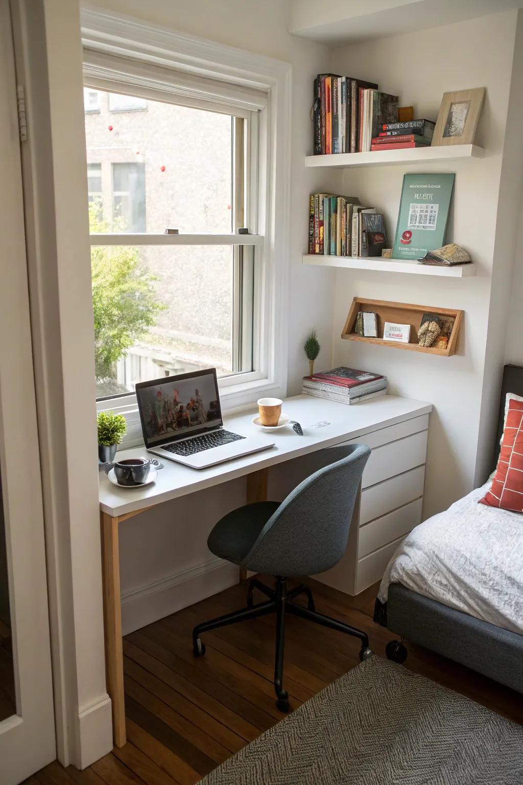 A streamlined office space neatly nestled into a bedroom corner.