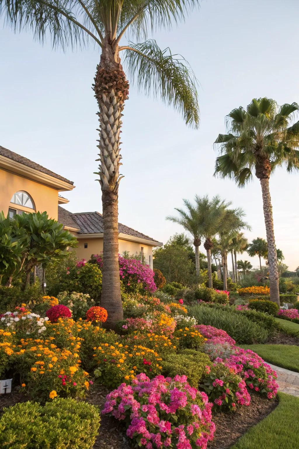 Vibrant flowers and shrubs beautifully complement small palm trees.