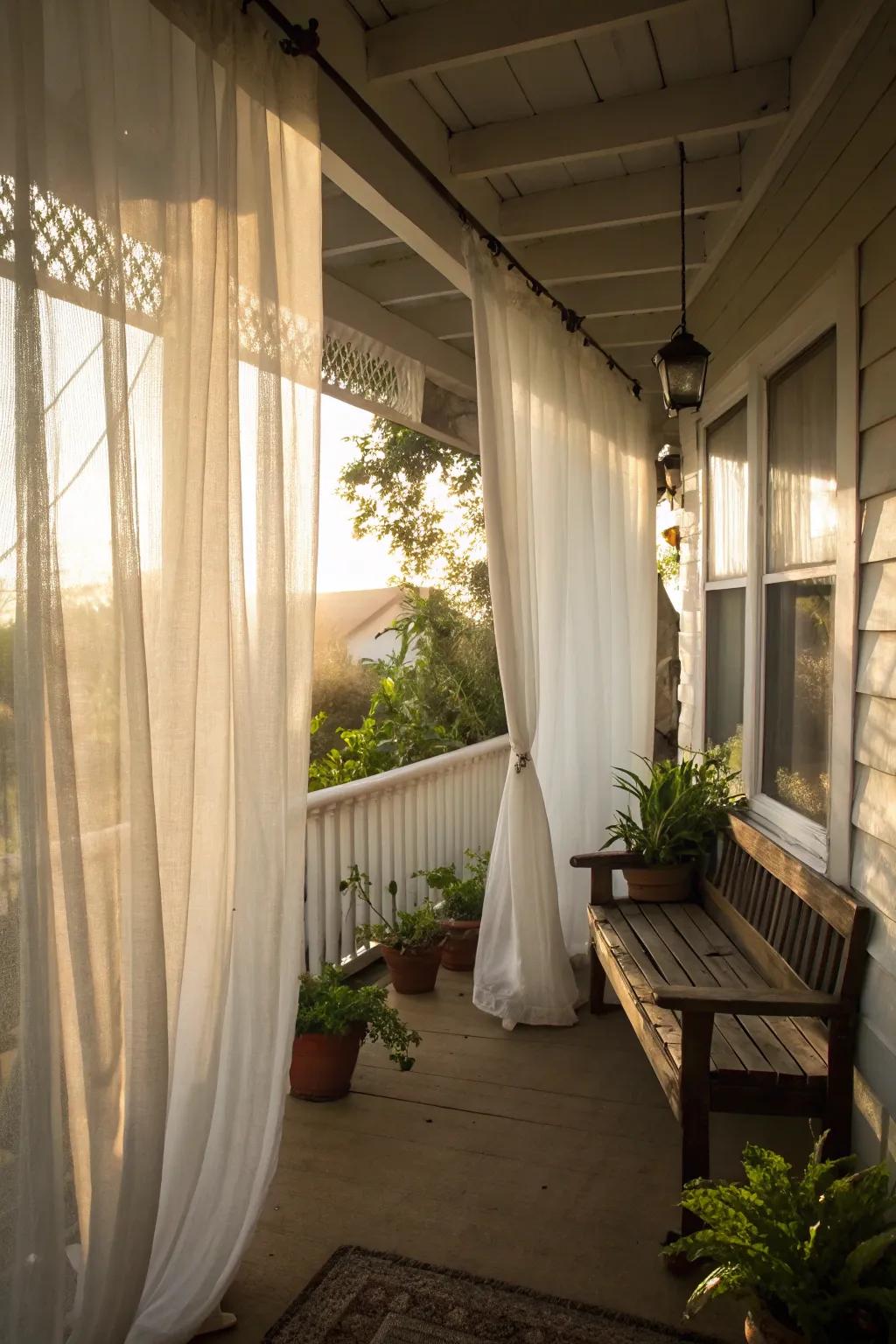 Delicate white sheers bring an element of refinement and luminosity to your intimate porch.