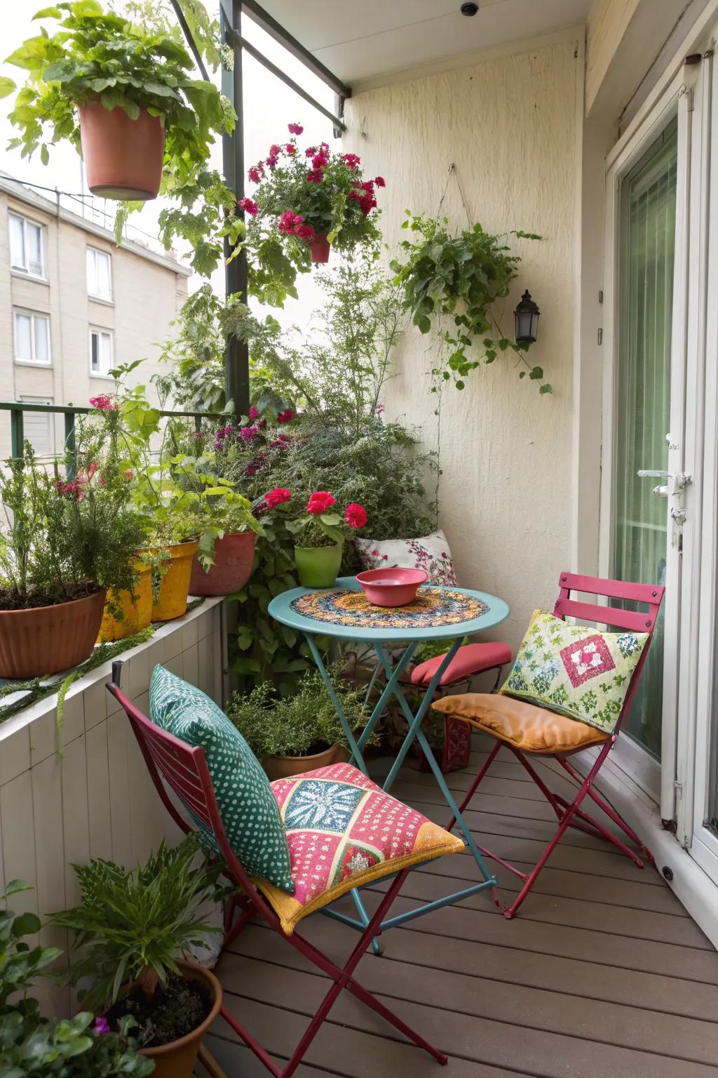 A lively bistro set infuses charm and practicality into a small porch.