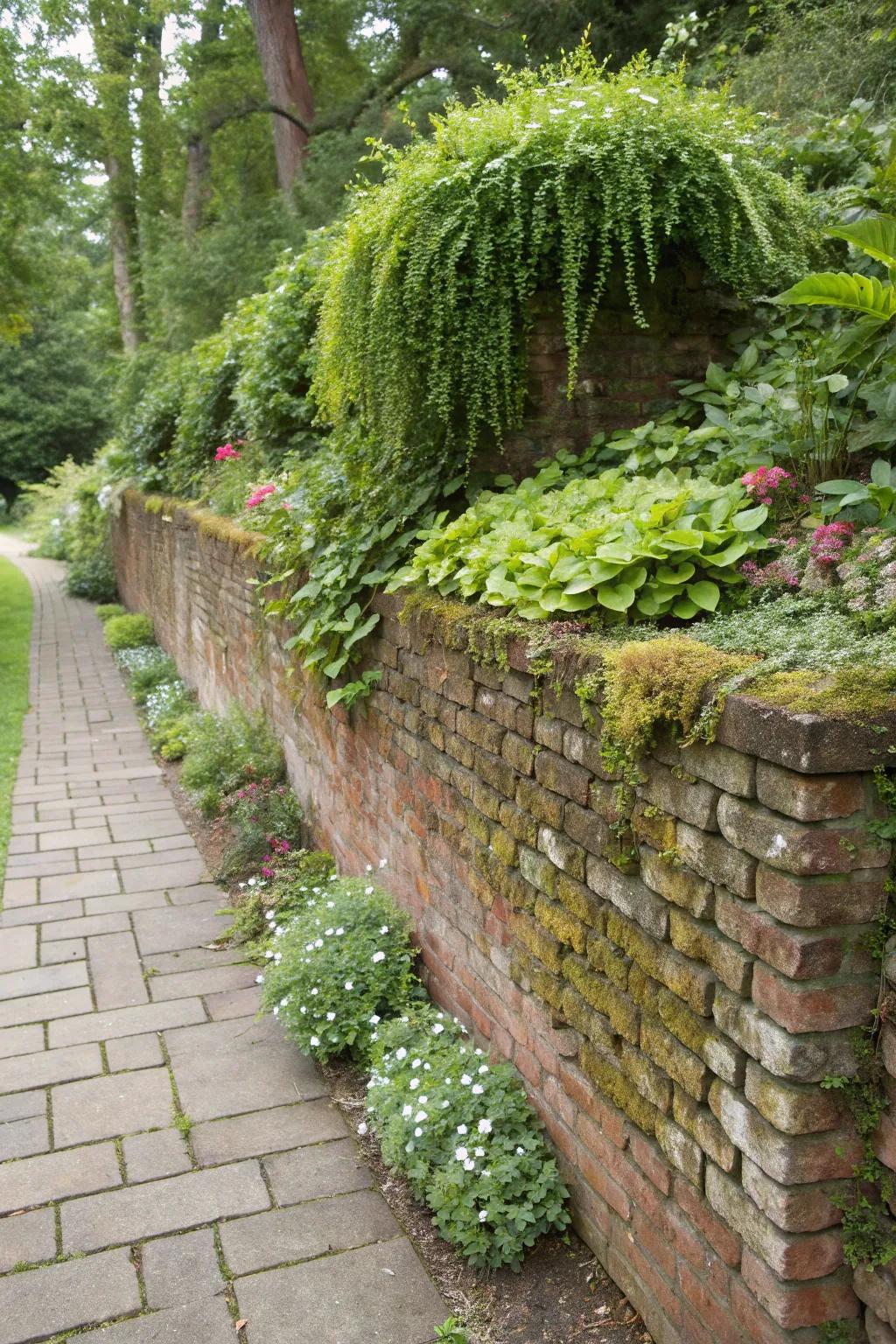 A harmonious combination of brick and stone crafts a timeless retaining wall.