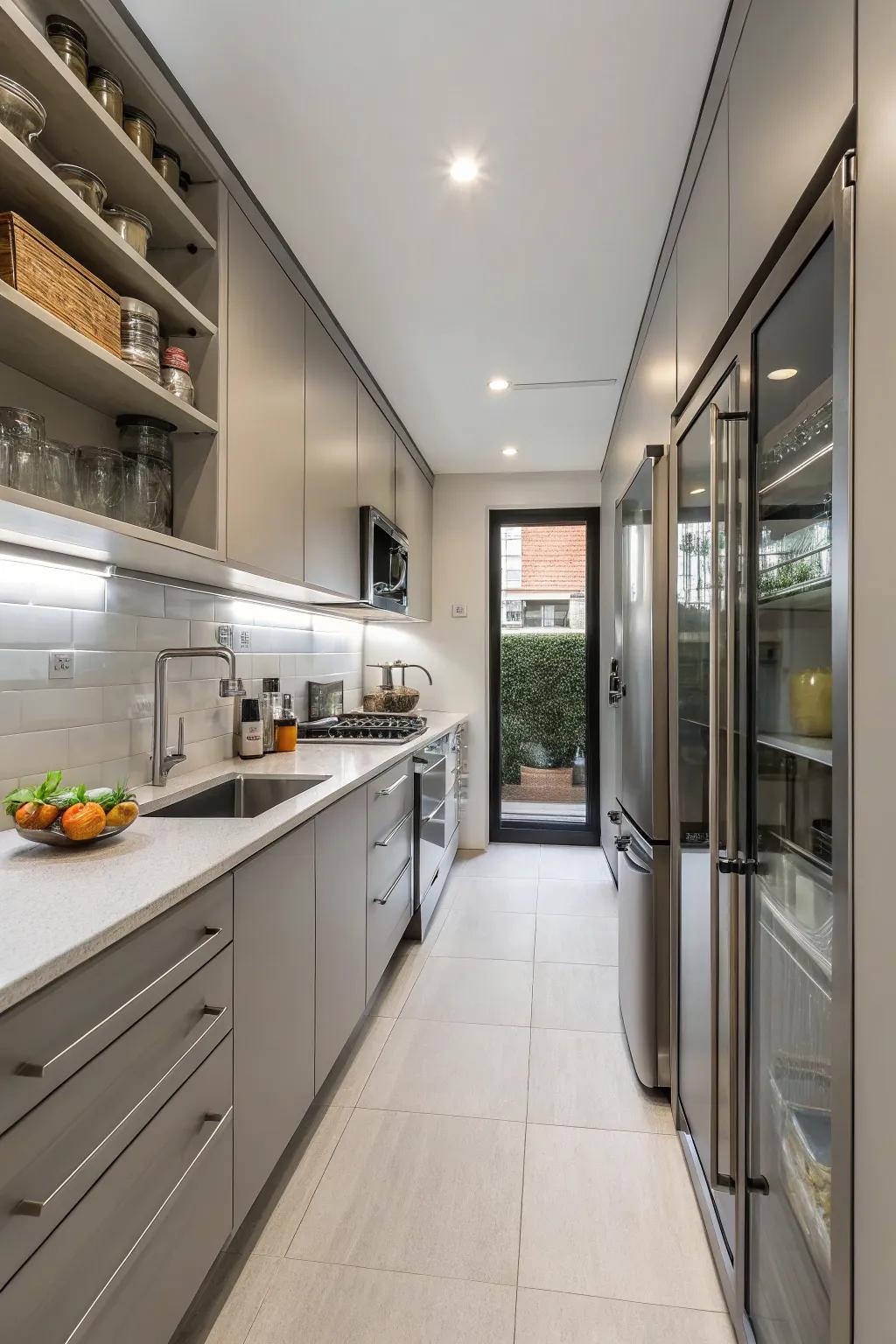 A polished linear kitchen maximizing space and usability.