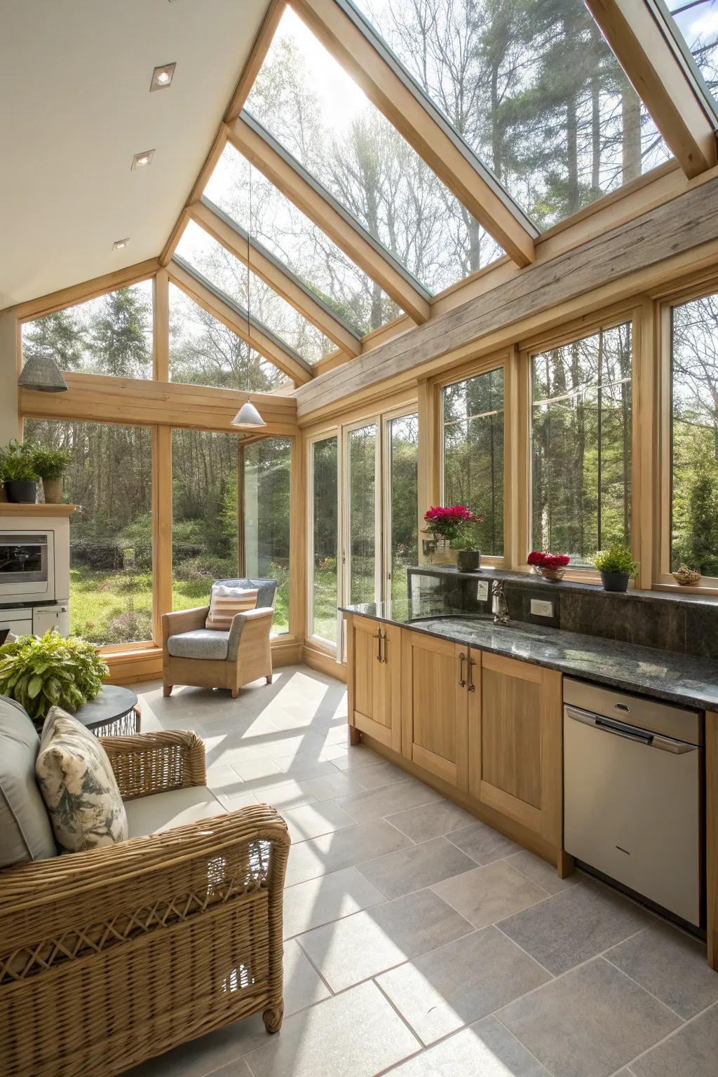 Generous windows establish an open and airy sunroom.