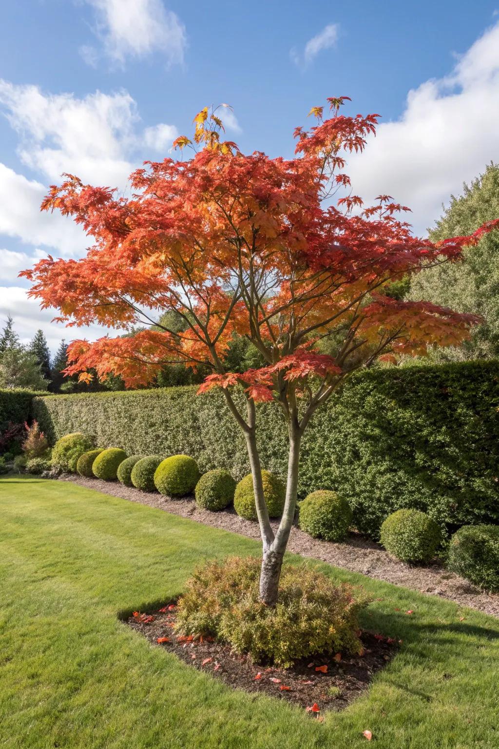 An Acer palmatum displays its breathtaking autumn shades in a front yard scene.