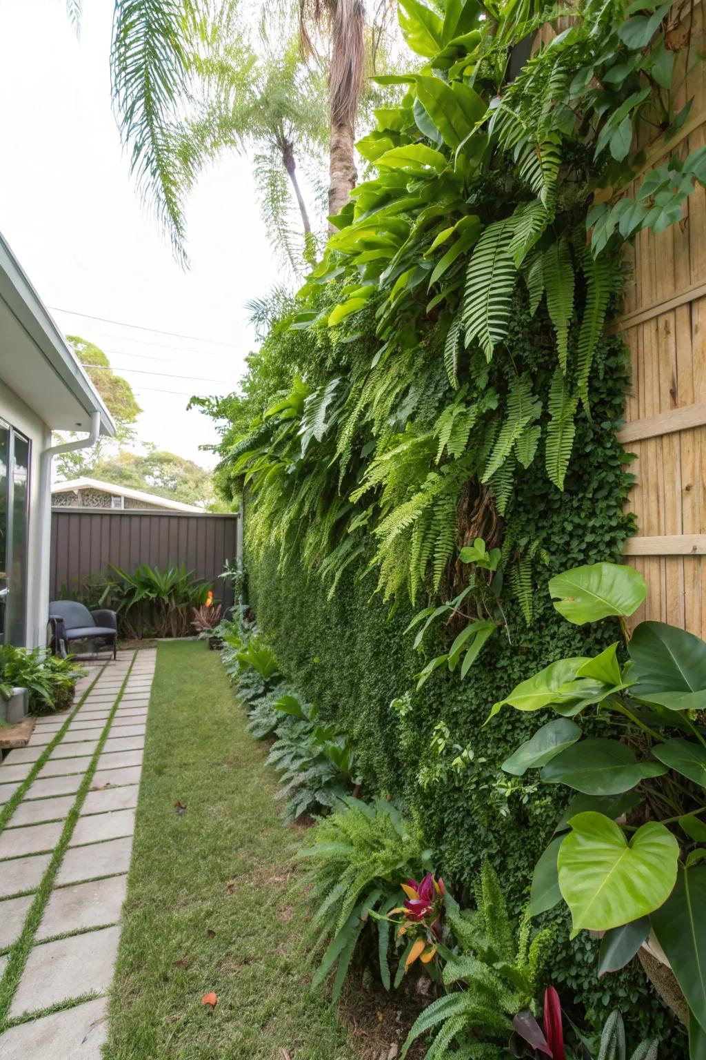 A vertical garden brings a vibrant cascade of vegetation to a modest area.