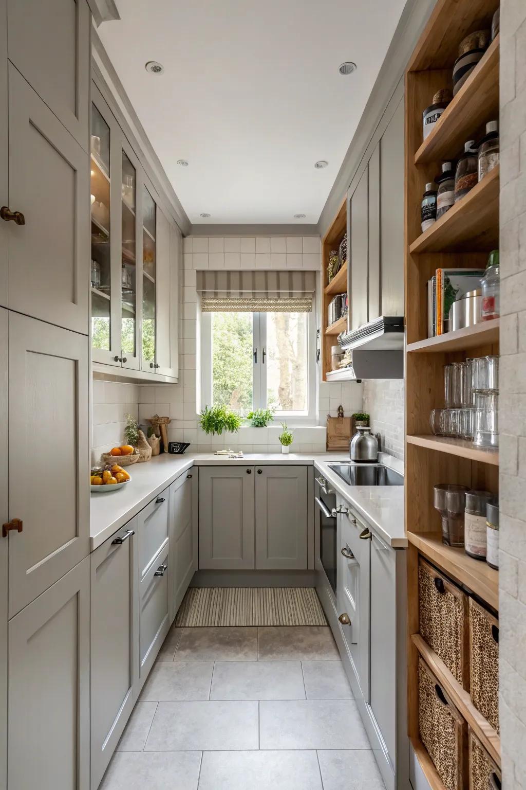 Tall cabinets and open shelving create a spacious feel in this compact kitchen.