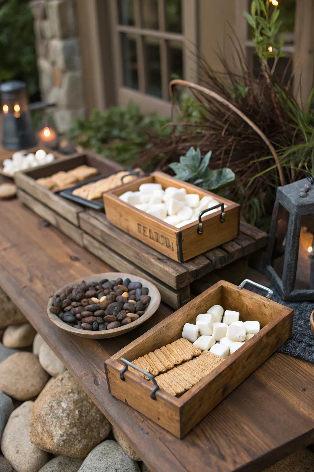 A rustic s'mores bar layout that ideally enhances an outdoor celebration.