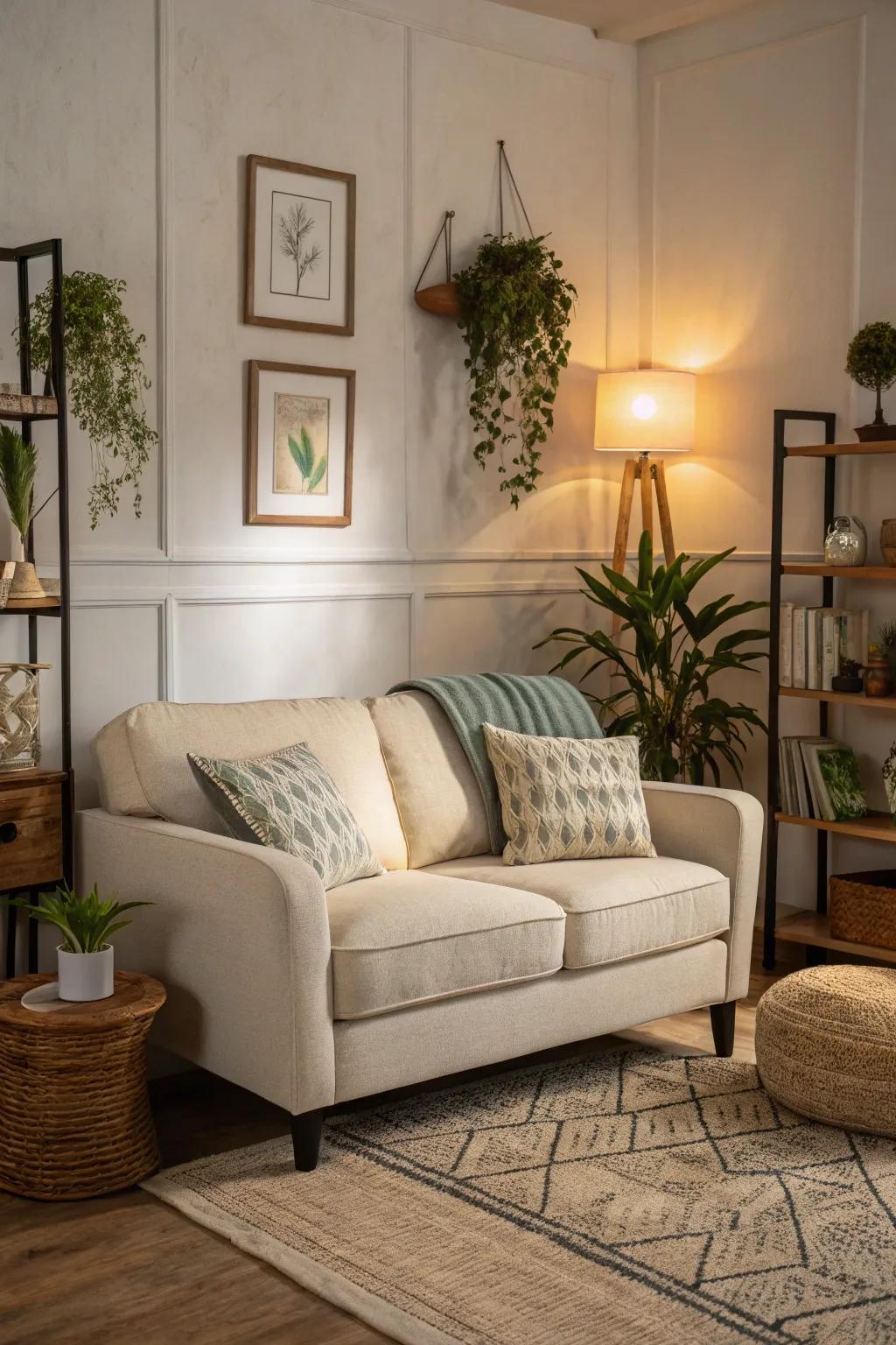 A small living room featuring a stylish compact loveseat in neutral tones.