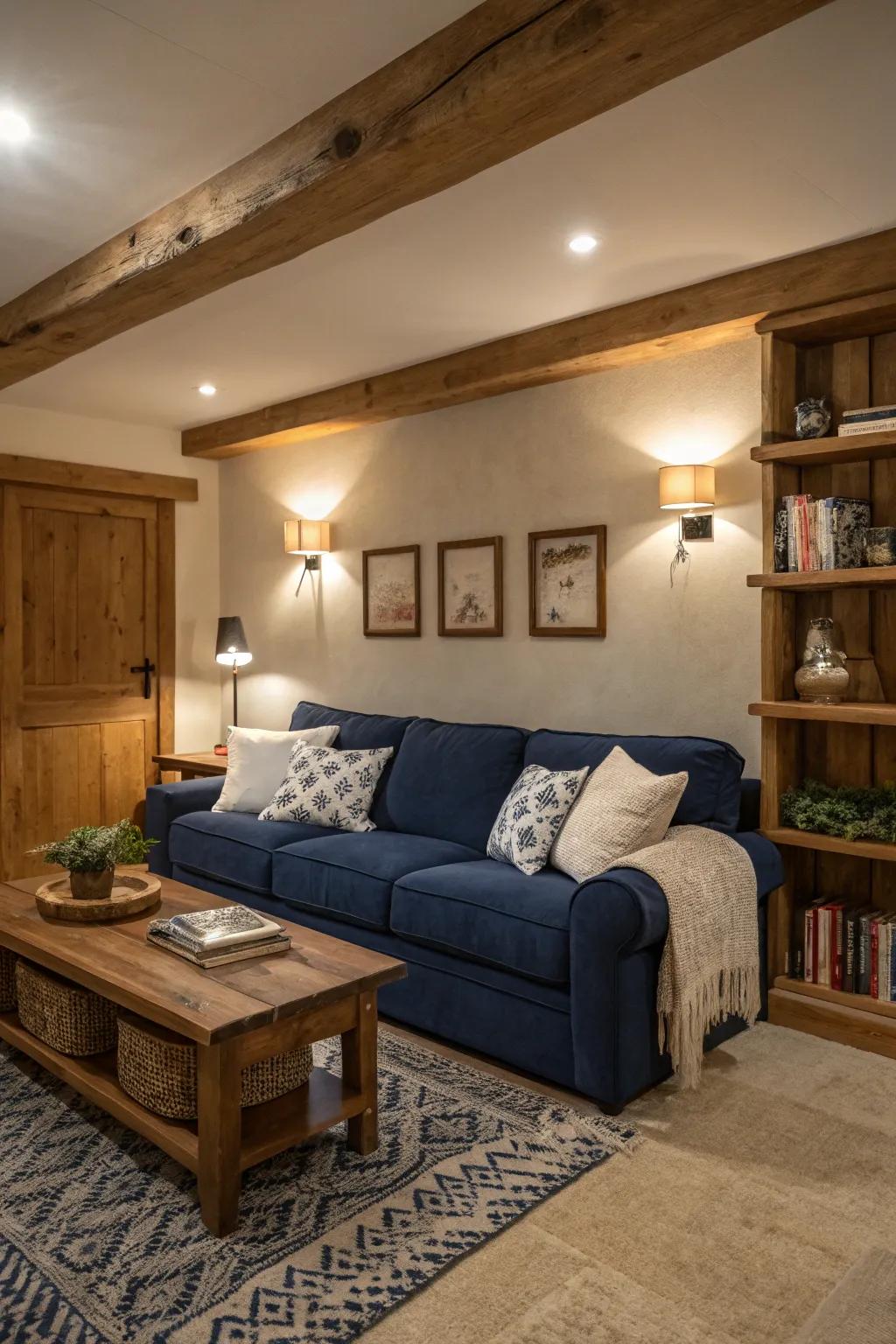 A deep blue sofa complemented by neutral and wooden pieces achieves ideal equilibrium.