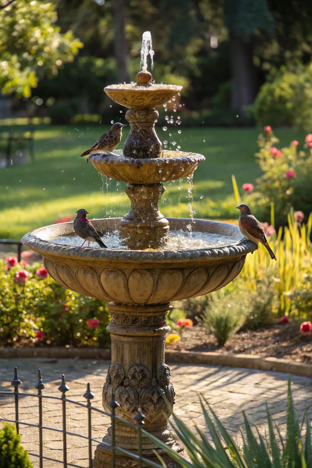A classic birdbath reinvented as a solar-powered fountain, inviting local birds.