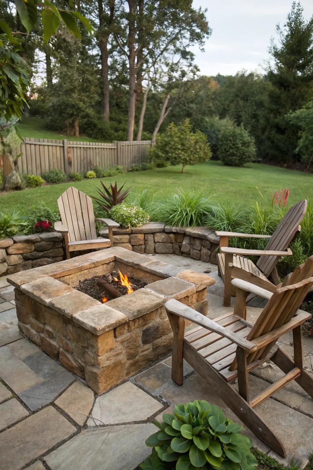 A rustic stone square fire pit adds charm to any backyard.