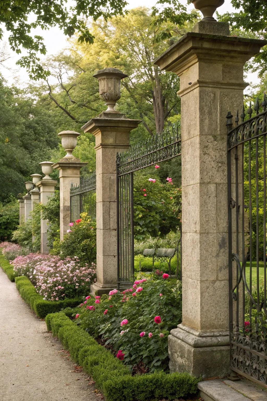 Stone pillars paired with intricate iron railings in a garden.