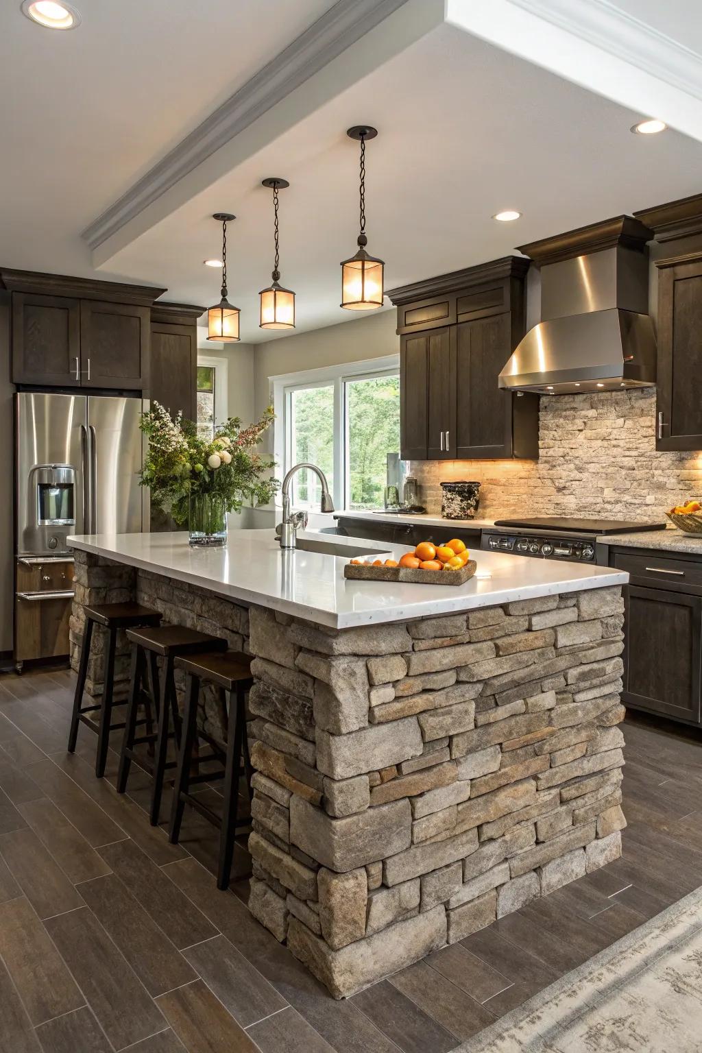 A kitchen island that beautifully blends rustic stone textures with modern finishes.