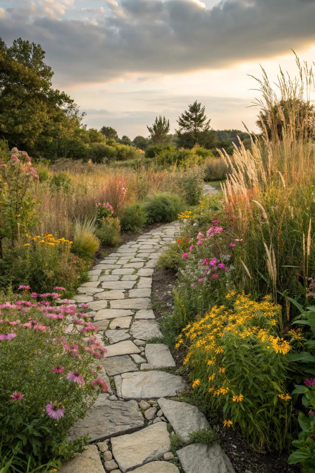 A rustic slate pathway enhances a garden’s inherent allure.