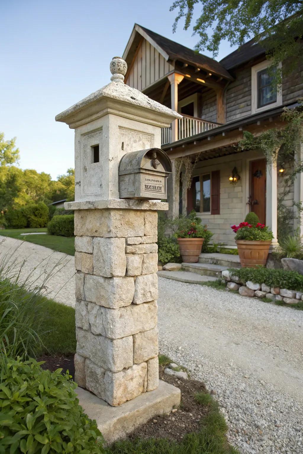 An inviting Rockridge mailbox pillar radiating earthy sophistication.