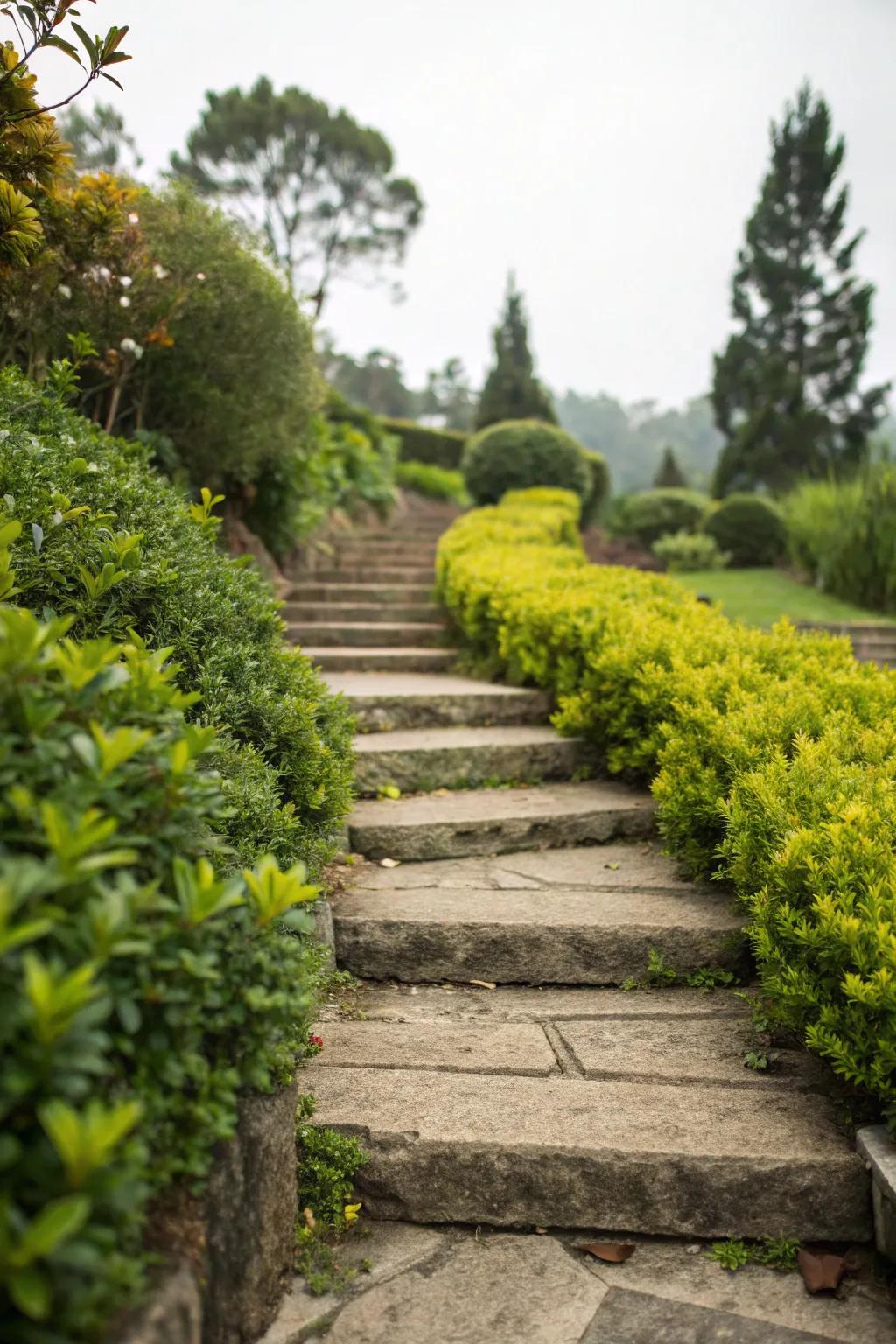 Stone steps lined with greenery