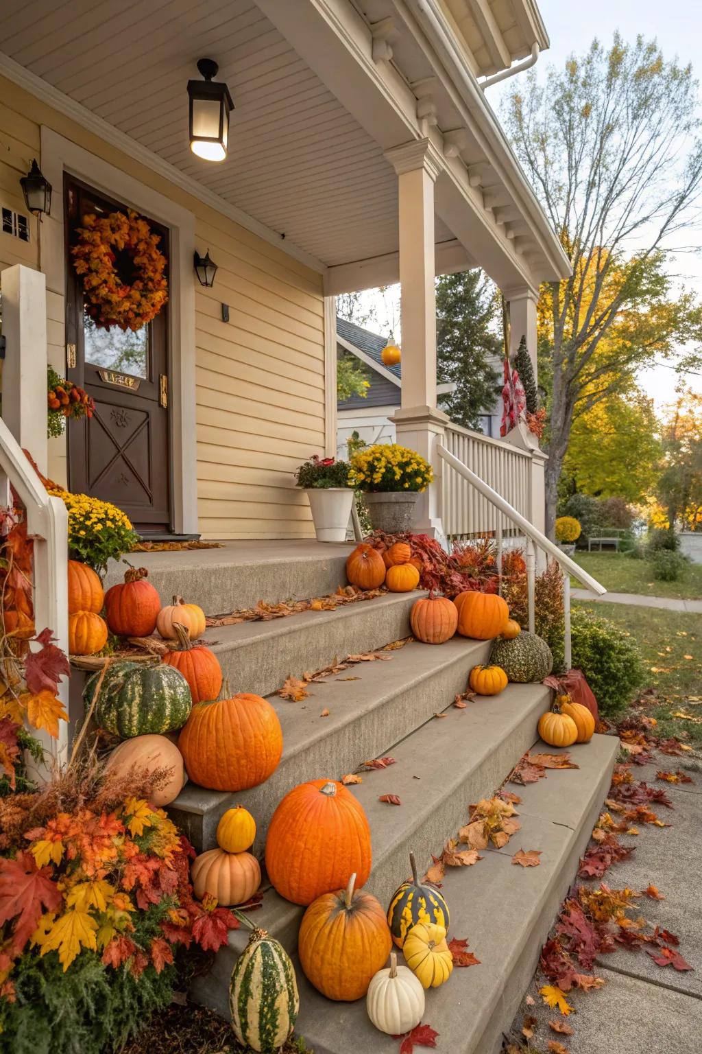 An inviting stoop porch decorated for autumn.