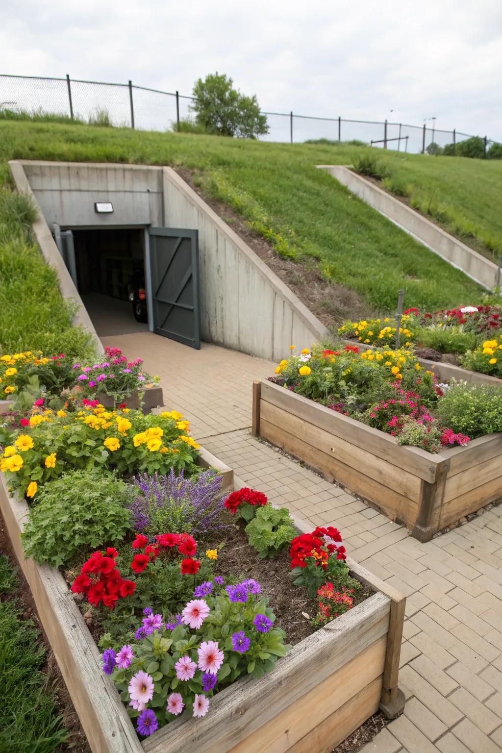 Elevated beds offer structure and aesthetic enhancement to your storm shelter area.
