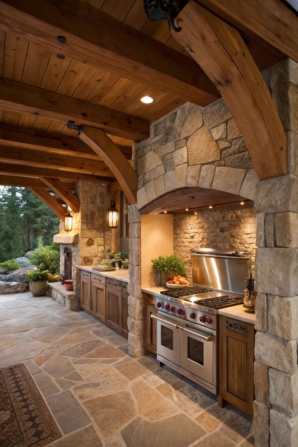 A rustic stove alcove featuring wooden beams and natural stone, evoking a warm, cabin-like atmosphere.