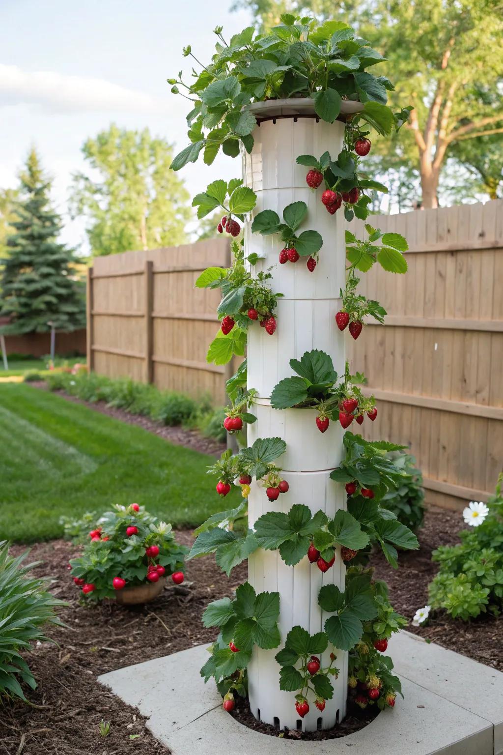 A clever vertical strawberry tower made from PVC pipes.