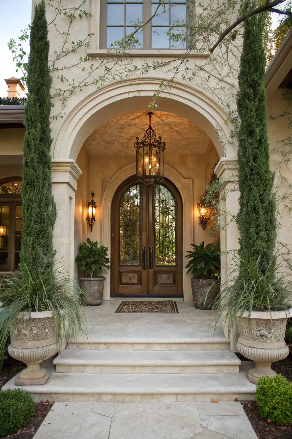 A grand entrance with an arched doorway boosts the porch's sophistication.