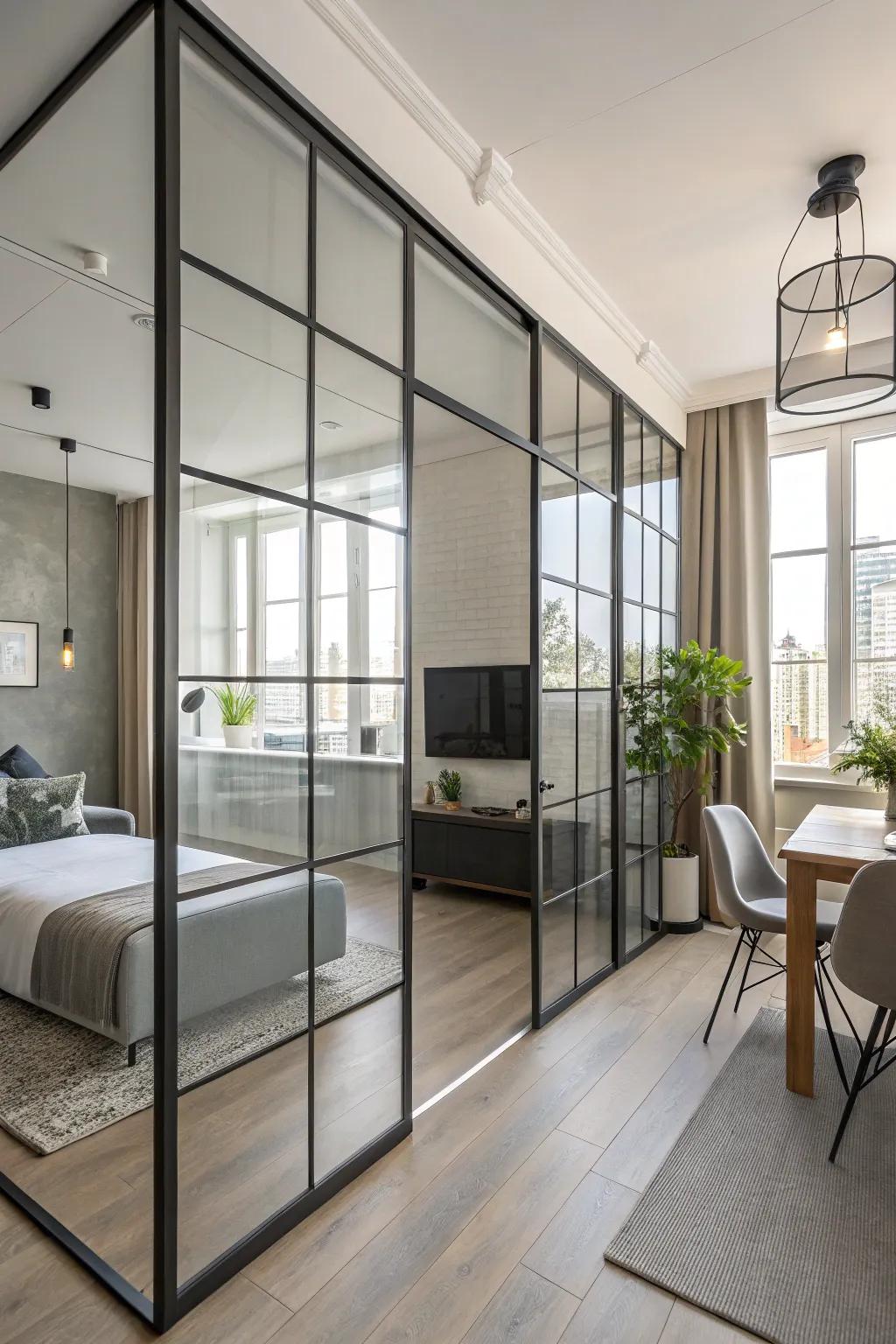 Glass panels elegantly partition a studio, allowing light to flow freely.