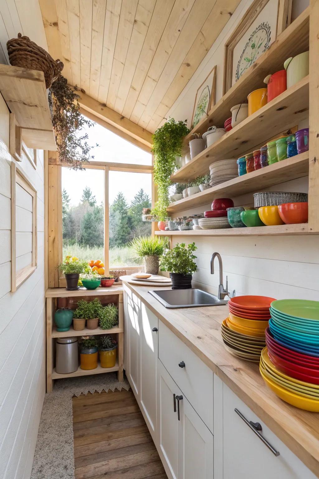 Open shelving adds both style and functionality to a studio kitchen.