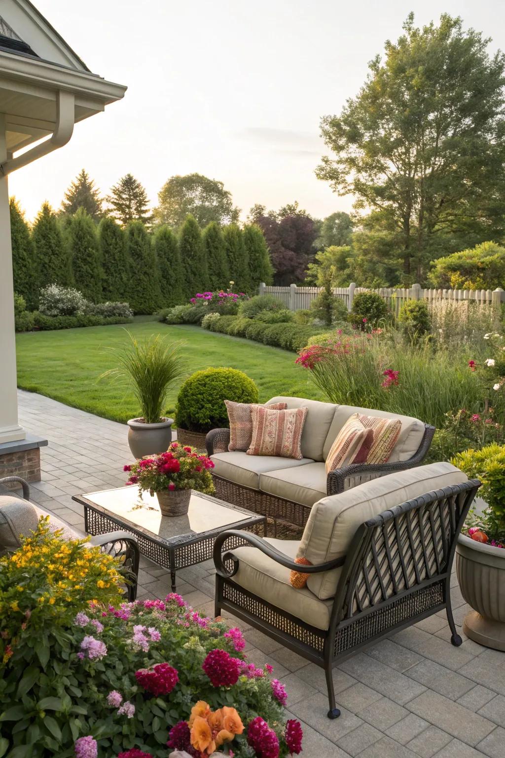 A serene patio nestled in a suburban backyard.