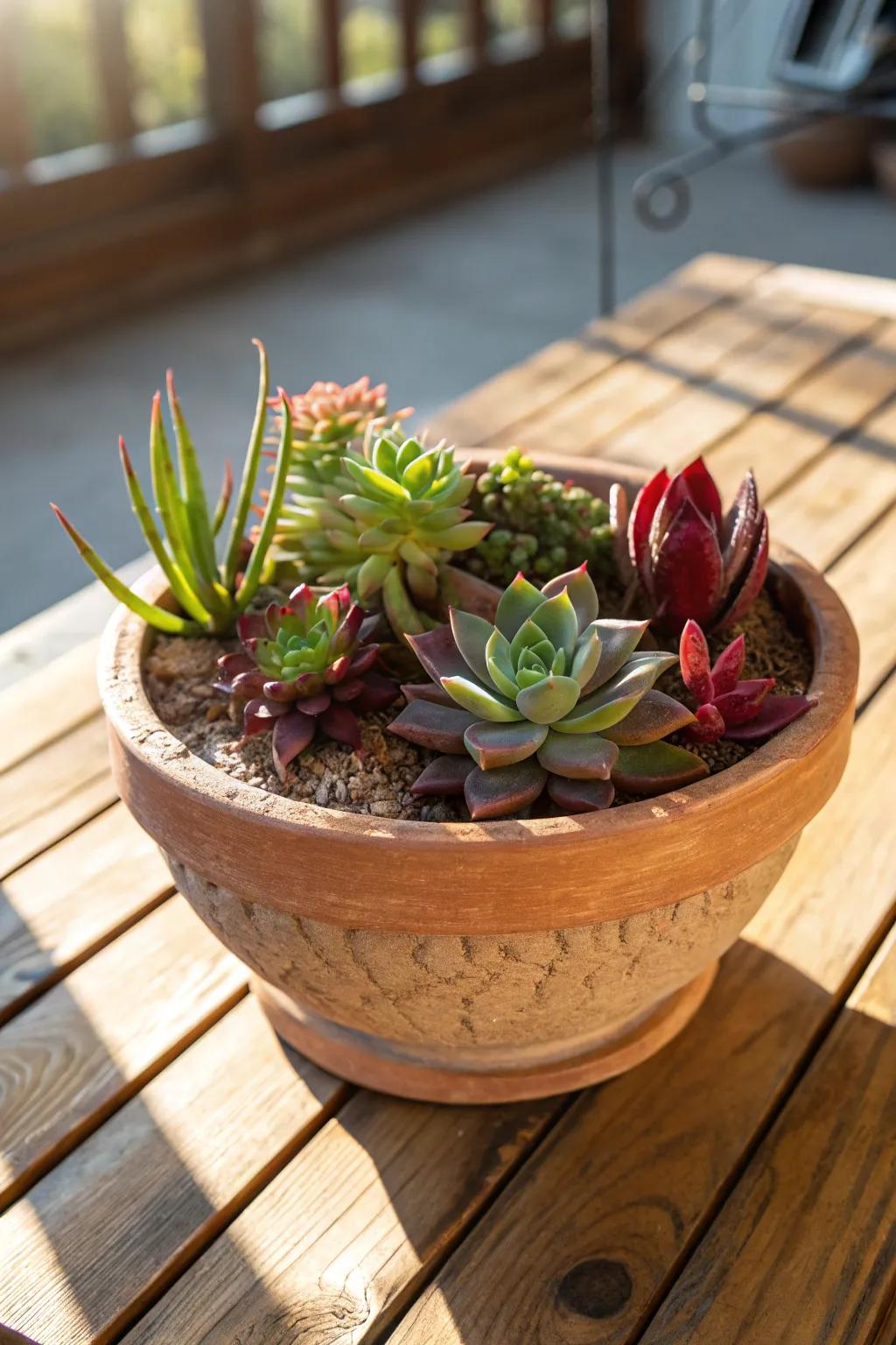 A classic terracotta planter flourishing with a diverse assortment of succulents.