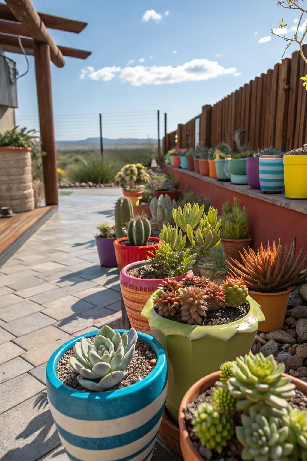 A vibrant display of succulents in various colorful pots on a patio.