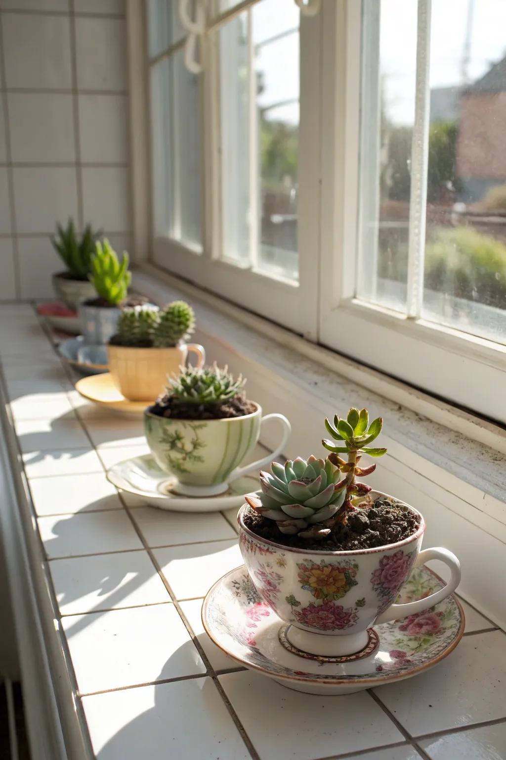 Charming vintage teacup planters bring elegance to any corner.