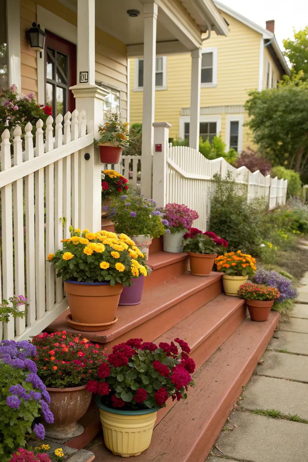 A vivid display of plant containers injects a burst of color into any porch.