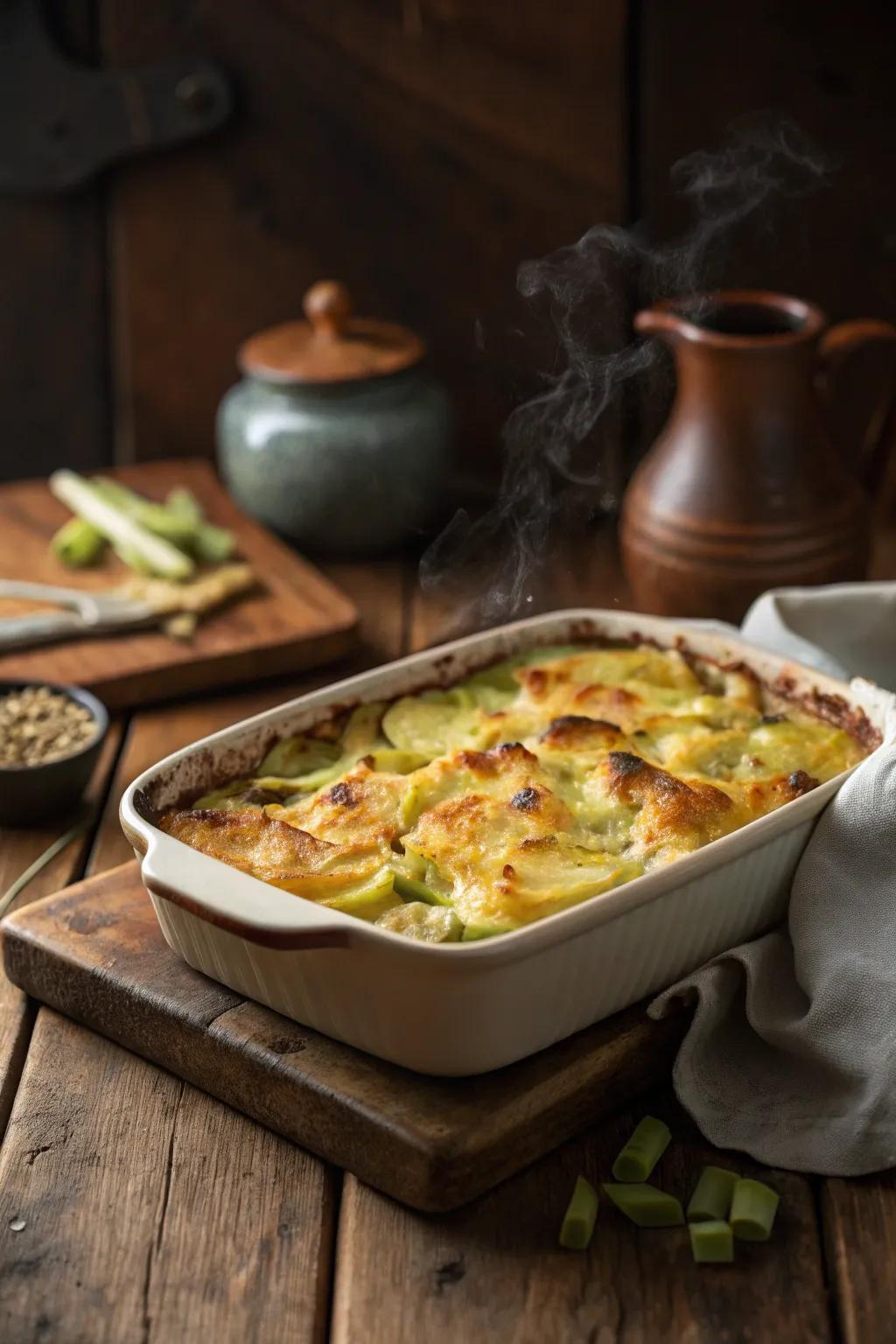 Golden-brown cheesy potato and leek oven-baked dish, ideal for a relaxing Sunday.