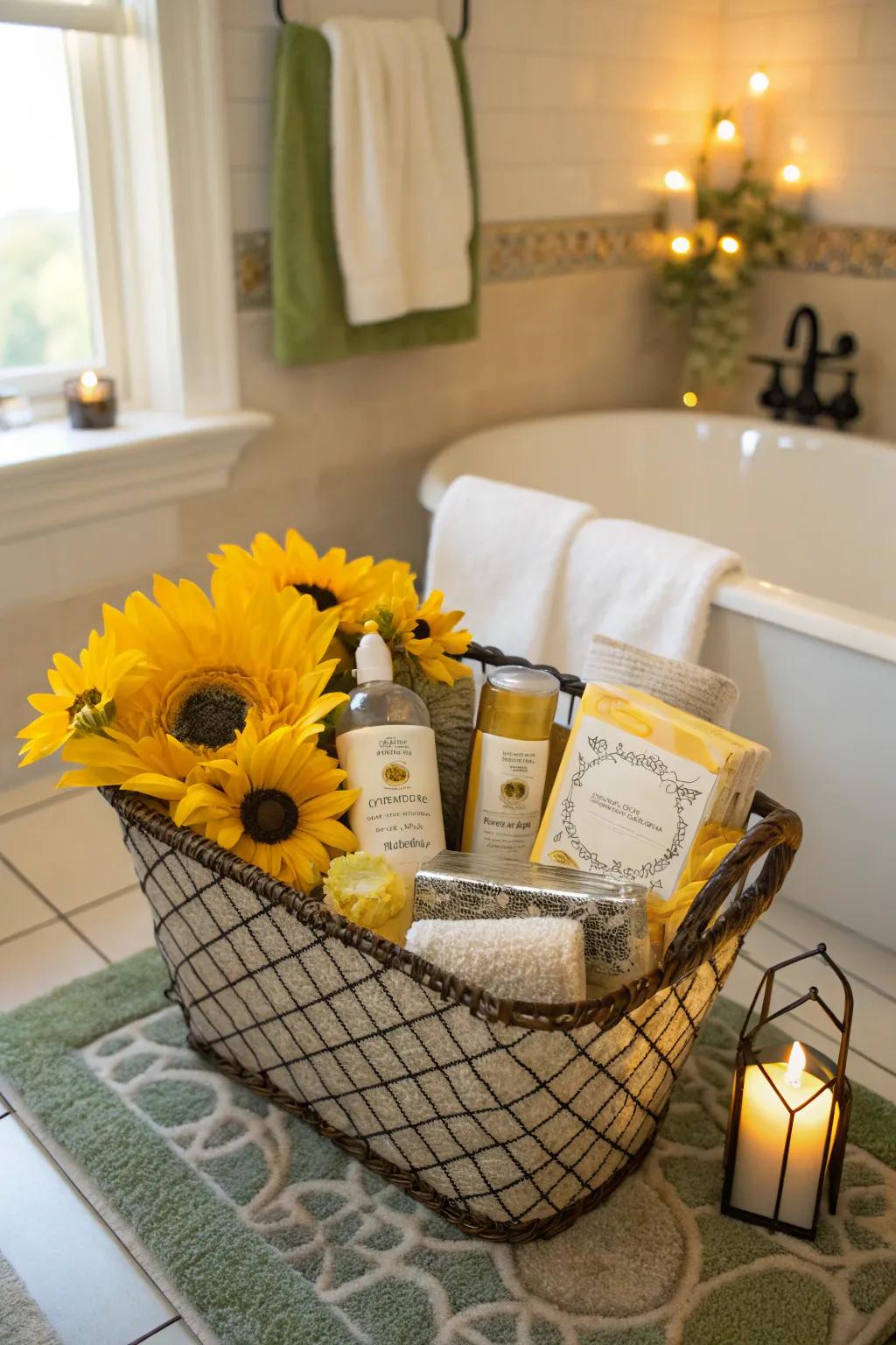 A relaxing sunflower spa retreat in a basket.
