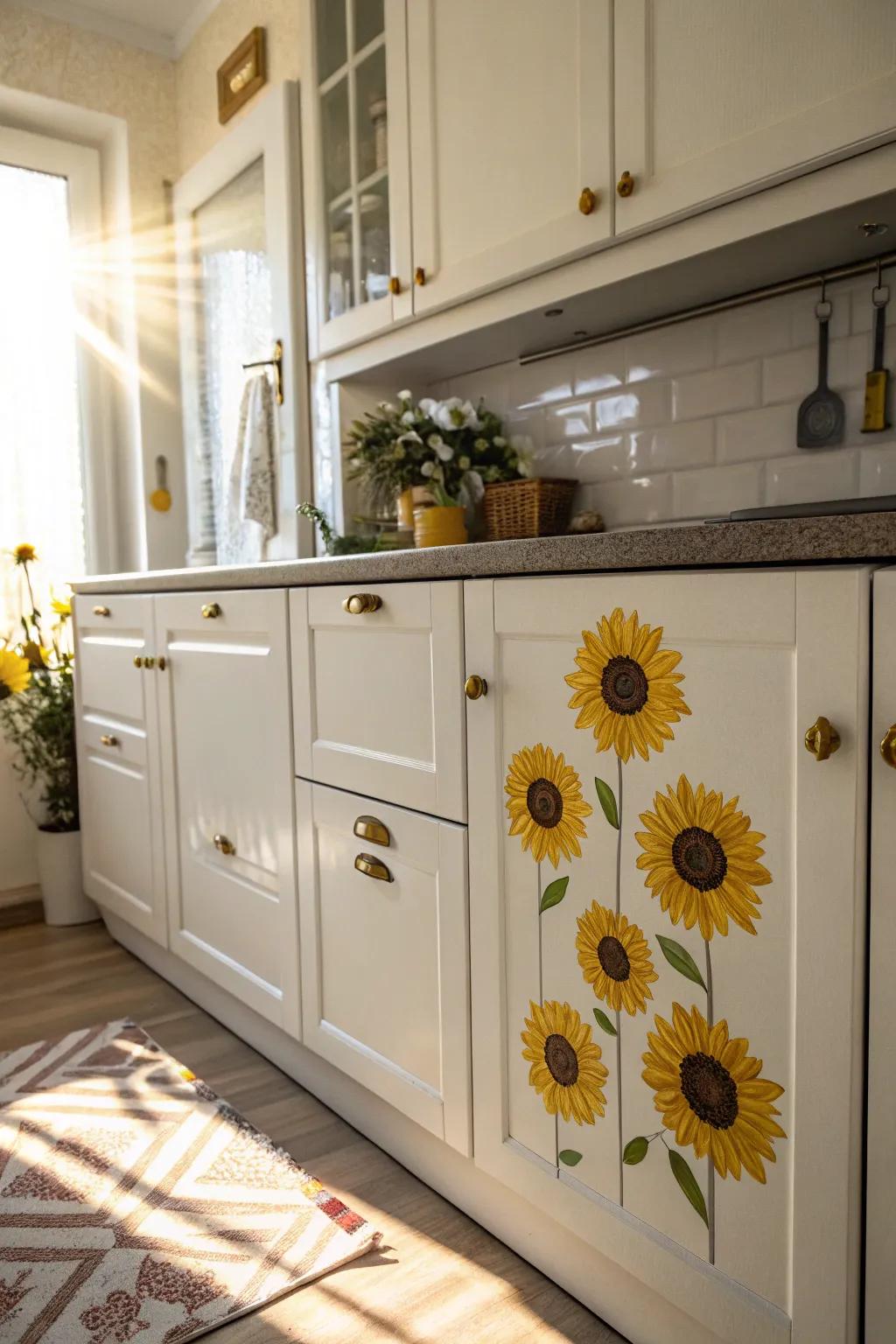Sunflower decals bring a vibrant touch to kitchen cabinets.