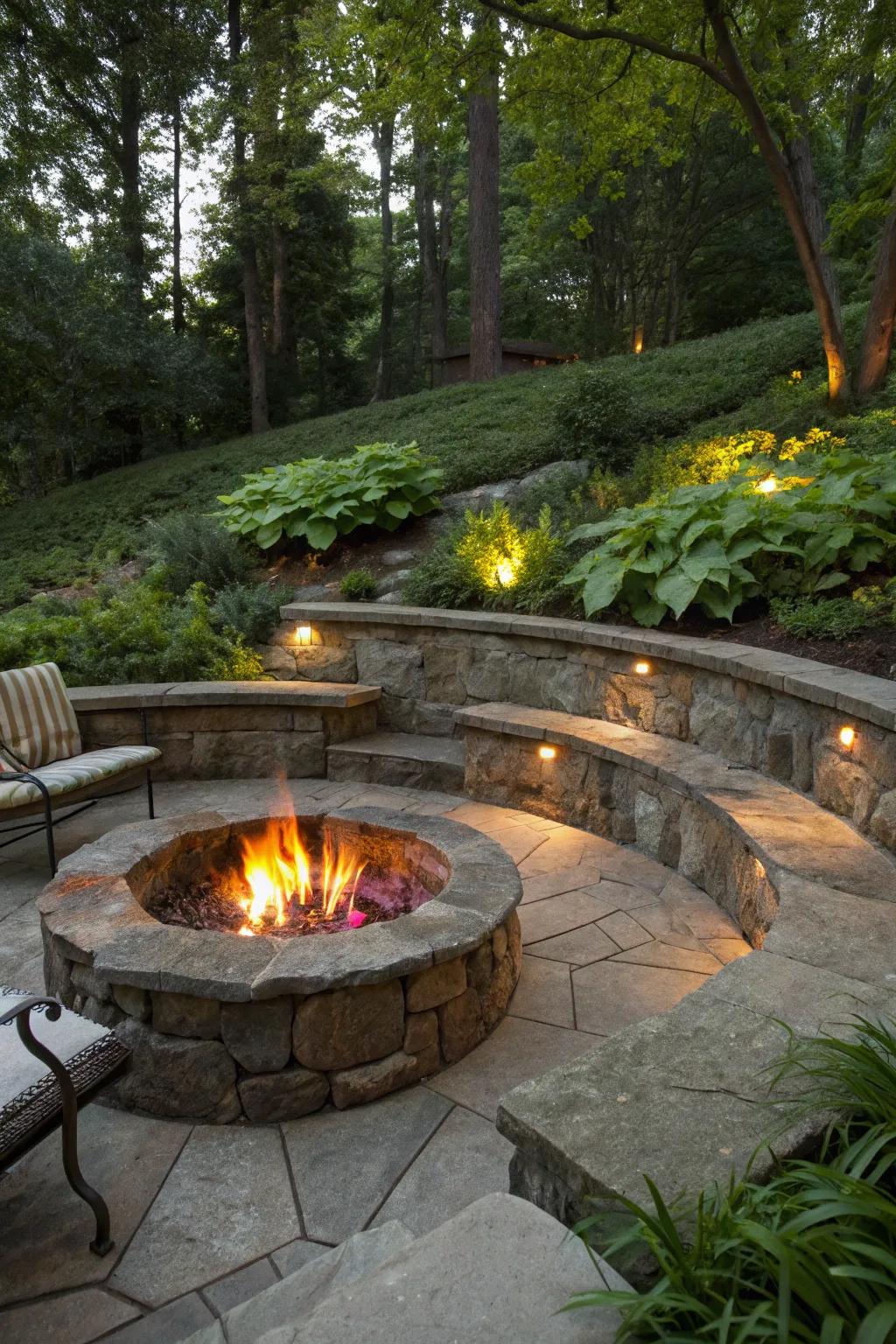 A rustic rock below-ground fire pit nestled in nature.